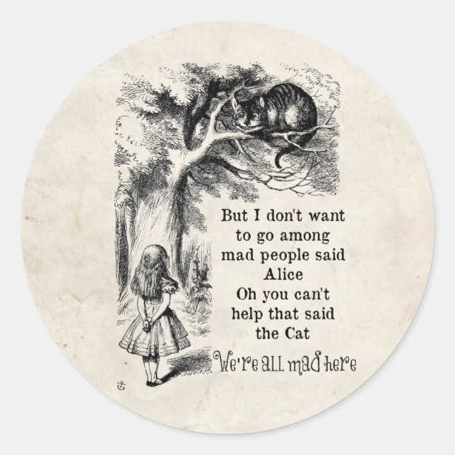 Alice im Wunderland; Cheshire Cat mit Alice Runder Aufkleber (Vorderseite)