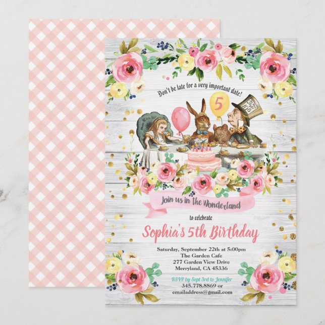 Alice im Wunderland Einladung zum Geburtstag (Vorne/Hinten)