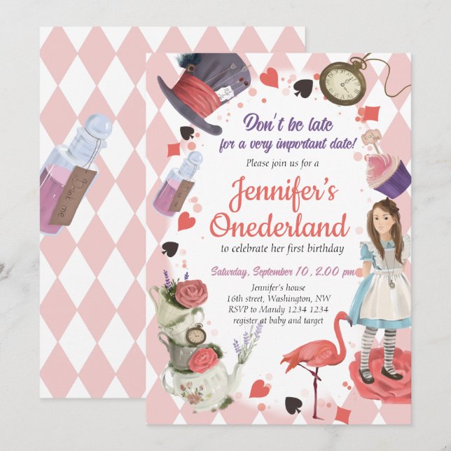 Alice im Wunderland Einladung zum Geburtstag (Vorne/Hinten)