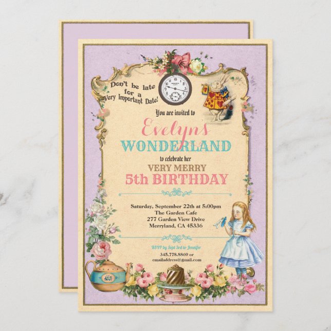 Alice im Wunderland Einladung zum Geburtstag lila (Vorne/Hinten)