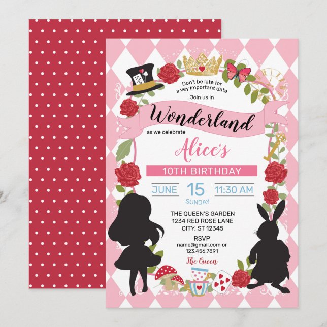 Alice im Wunderland Einladung zum Geburtstag (Rosa (Vorne/Hinten)