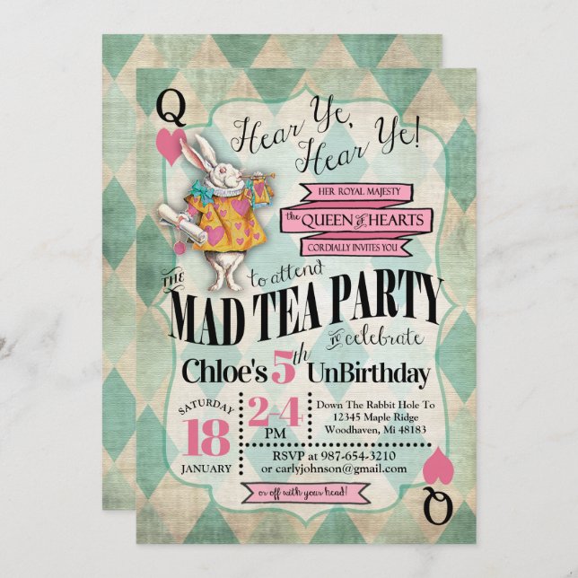 Alice im Wunderland Einladungen zum Geburtstag (Vorne/Hinten)