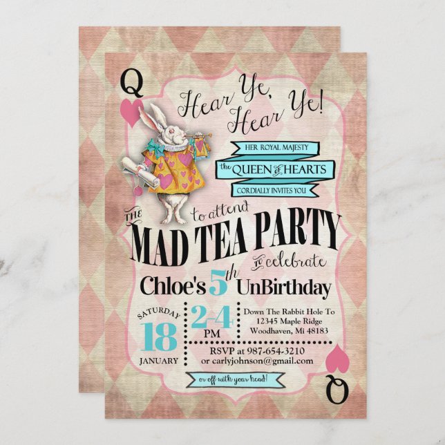 Alice im Wunderland Einladungen zum Geburtstag (Vorne/Hinten)