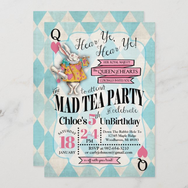 Alice im Wunderland Einladungen zum Geburtstag (Vorne/Hinten)