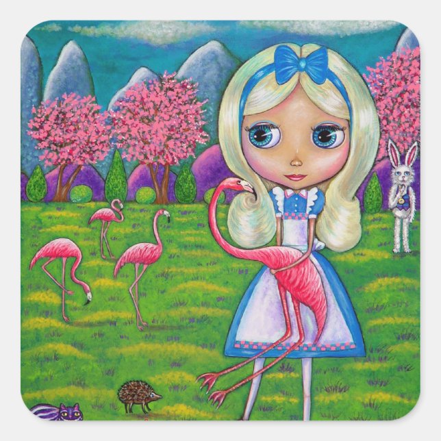 Alice im Wunderland Flamingo Croquet Igel Quadratischer Aufkleber (Vorderseite)