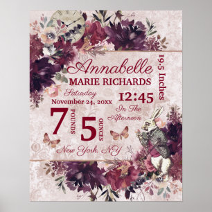 Alice im Wunderland Floral Baby Birth Stats Poster