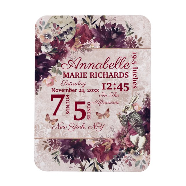 Alice im Wunderland Floral Custom Baby Birth Stats Magnet (Vertikal)