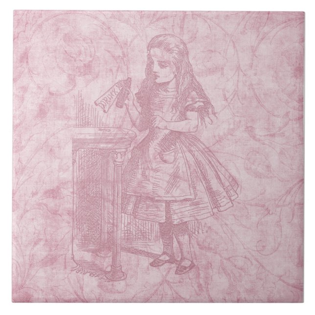 Alice im Wunderland Floral Pink Alice mit Flasche Fliese (Vorderseite)