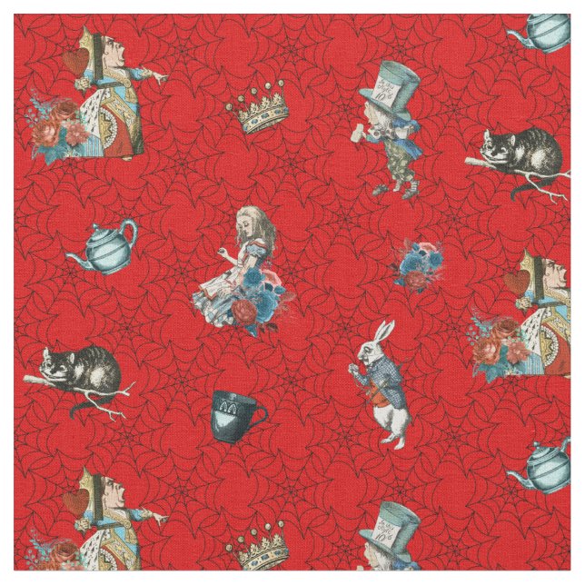 Alice im Wunderland für rotes und schwarzes Cobweb Stoff (Nahaufnahme)