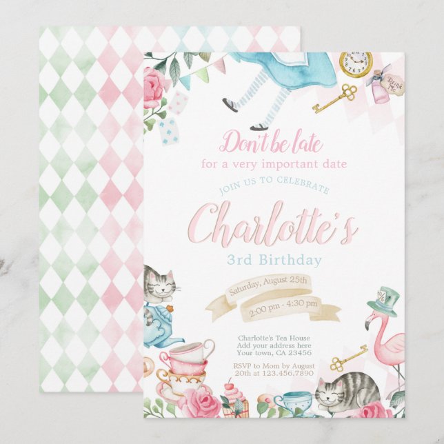 Alice im Wunderland Geburtstag Einladung (Vorne/Hinten)