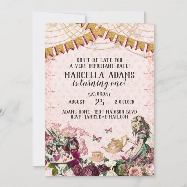 Alice im Wunderland Geburtstag Einladung (Vorderseite)