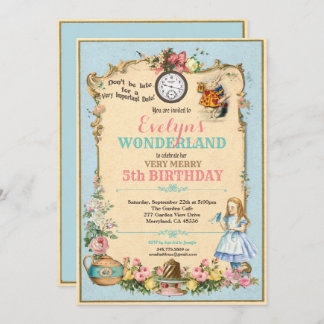 Alice im Wunderland Geburtstag Einladung blau