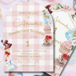 Alice im Wunderland Gingham Pink 1. Geburtstag Einladung