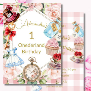 Alice im Wunderland Gingham Pink 1. Geburtstag Einladung