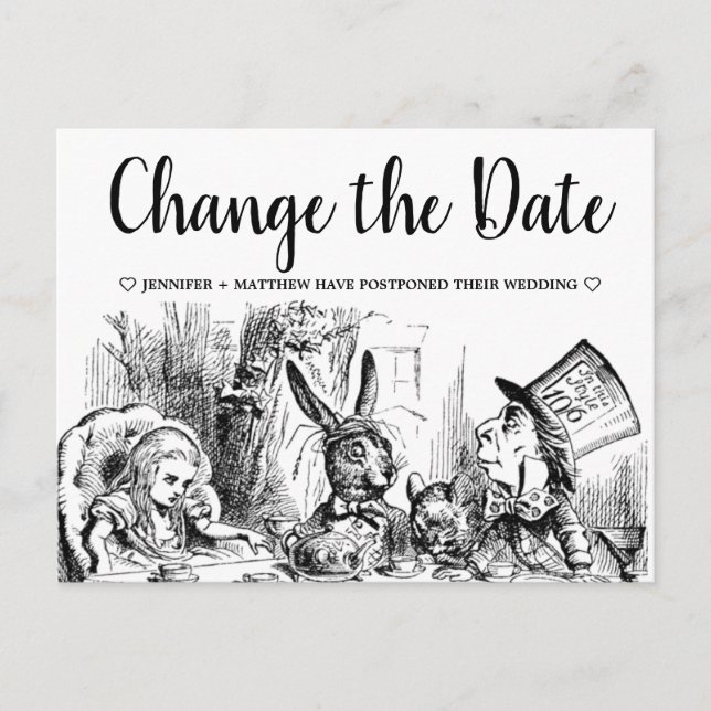 Alice im Wunderland Hochzeit ändern Datum Postkarte (Vorderseite)