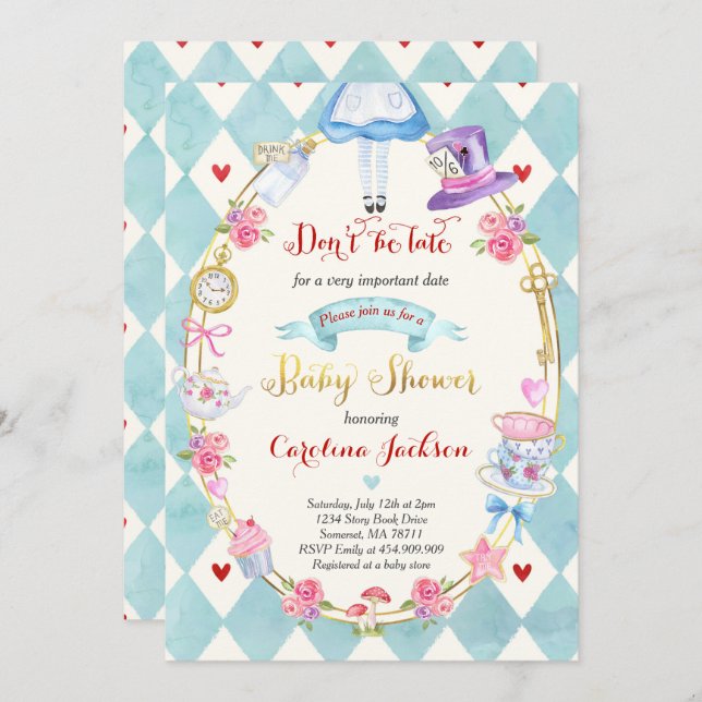 Alice im Wunderland Kinderdusche Einladung (Vorne/Hinten)