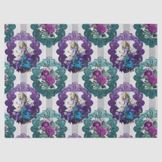 Alice im Wunderland Lila Grüne Rahmen Dekoute Seidenpapier (Vorderseite)
