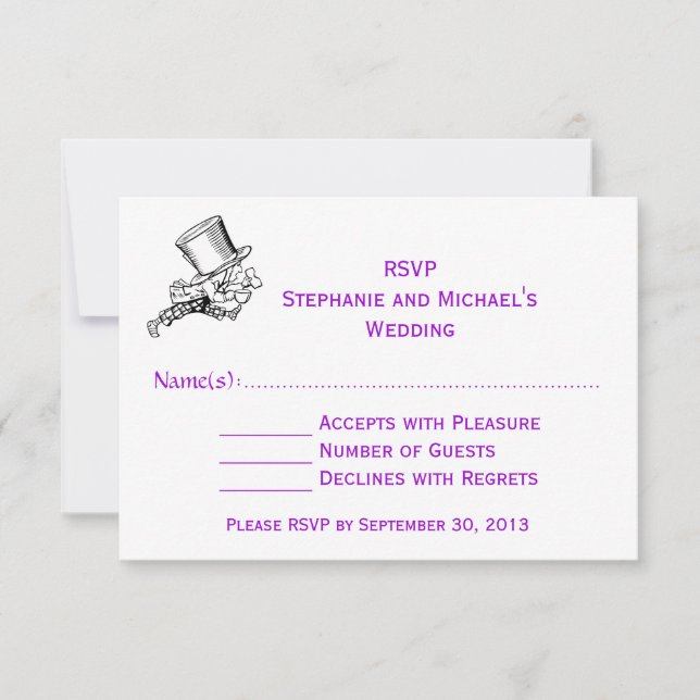 Alice im Wunderland Mad Hatter Wedding RSVP Lila (Vorderseite)