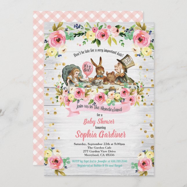 Alice im Wunderland Mädchendusche Einladung (Vorne/Hinten)