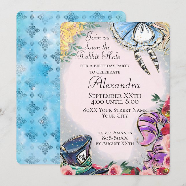 Alice im Wunderland Märchen Thema Einladung (Vorne/Hinten)