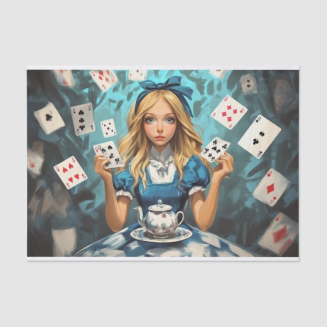 Alice im Wunderland mit Spielkarten und Teekessel Seidenpapier (Vorderseite)