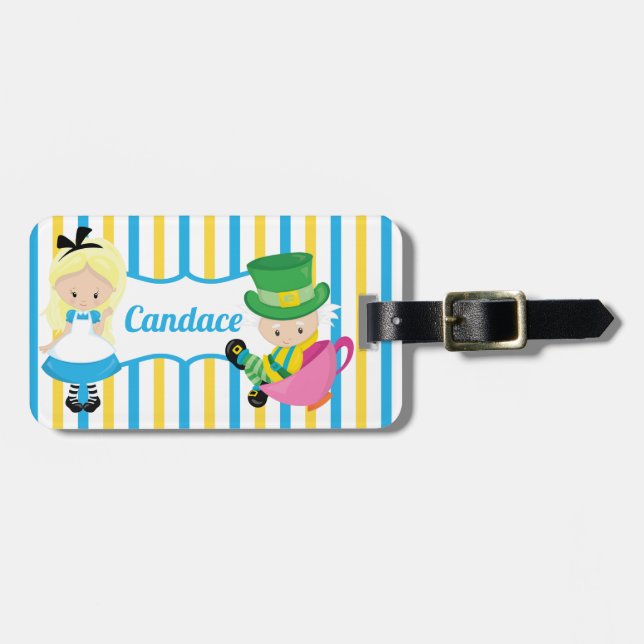 Alice im Wunderland Niedlich Kids Monogram Blue Ye Gepäckanhänger (Vorderseite horizontal)