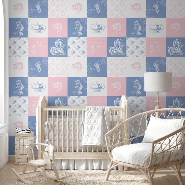 Alice im Wunderland Patchwork Blue Pink Wallpaper Tapete (Kinder)