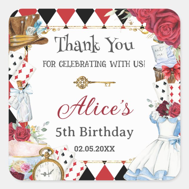 Alice im Wunderland Red Floral Birthday Tee Party Quadratischer Aufkleber (Vorderseite)