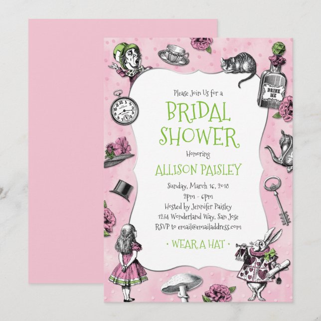 Alice im Wunderland Rosa und grünes Brautparty Einladung (Vorne/Hinten)
