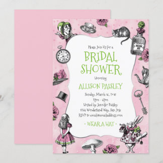 Alice im Wunderland Rosa und grünes Brautparty Einladung