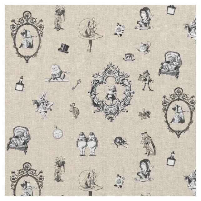 Alice im Wunderland Schwarz/Weiß auf Leinwand Text Stoff (Nahaufnahme)