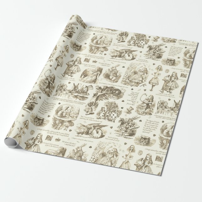 Alice im Wunderland Sepia Beige Toile Quotes Geschenkpapier (Ungerollt)