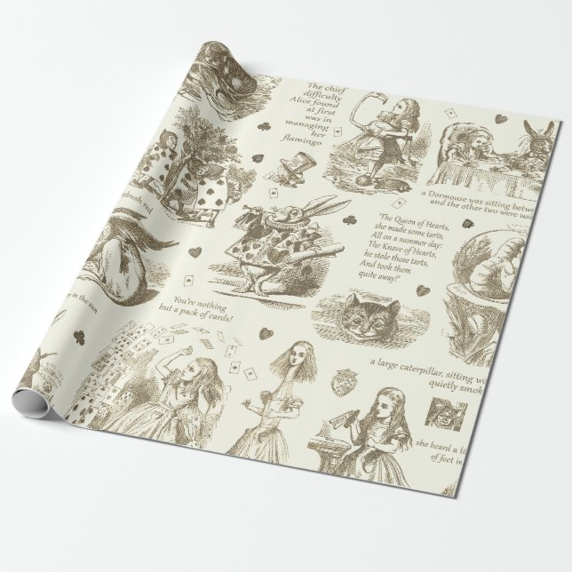 Alice im Wunderland Sepia Beige Toile Quotes Geschenkpapier (Ungerollt)