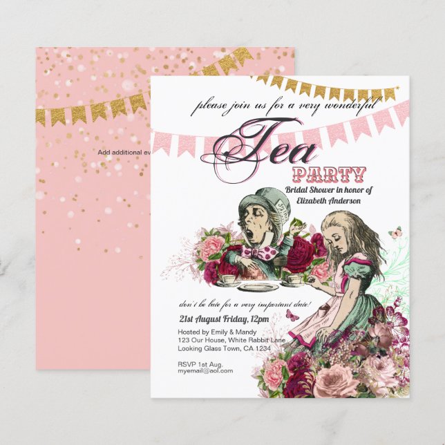 Alice im Wunderland Tea Party Einladung JEDE VERAN (Vorne/Hinten)