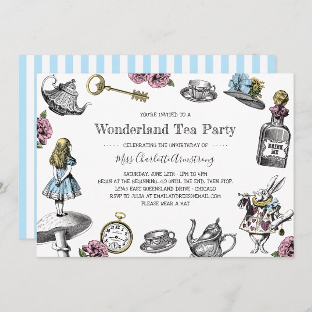 Alice im Wunderland Tee Party Blaue Streifen Einladung (Vorne/Hinten)