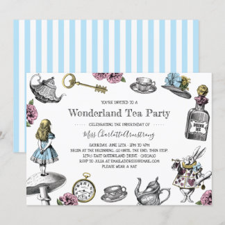 Alice im Wunderland Tee Party Blaue Streifen Einladung