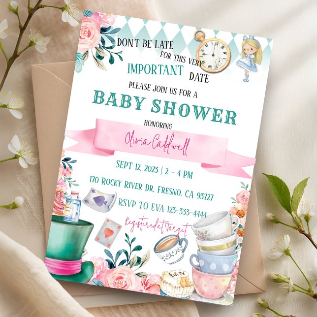 Alice im Wunderland Tee-Party Kinderdusche Einladung (Alice in Wonderland Tea Party Baby Shower Invitation)