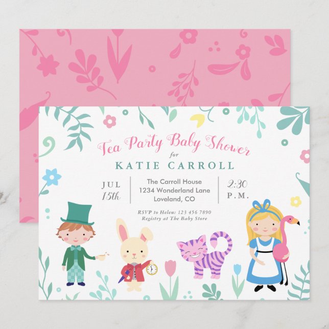 Alice im Wunderland Tee-Party Kinderdusche Einladung (Vorne/Hinten)