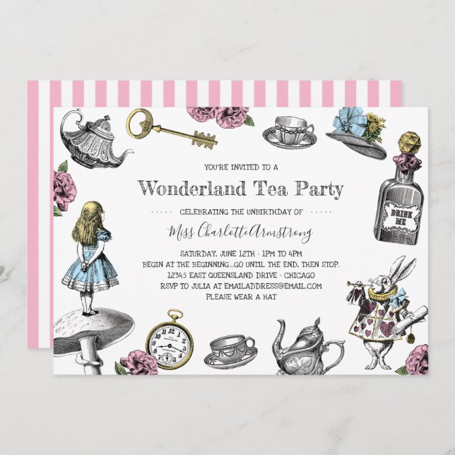 Alice im Wunderland Tee Party Streifen Einladung (Vorne/Hinten)
