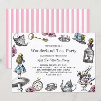 Alice im Wunderland Tee Party Streifen Einladung