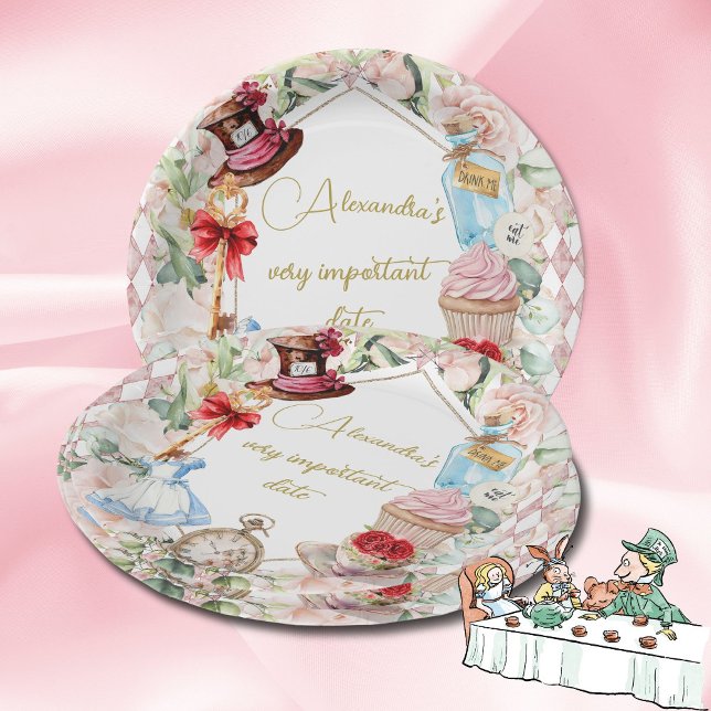 Alice im Wunderland Thema Floral Pink Persönlich Pappteller (Von Creator hochgeladen)