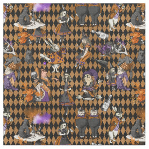 Alice im Wunderland über Orange/Schwarzes Harlequ Stoff