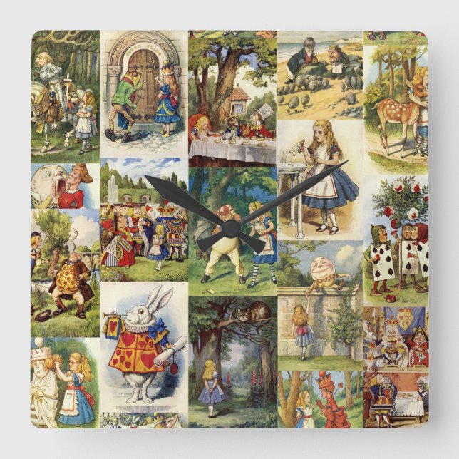 Alice im Wunderland-Uhr Quadratische Wanduhr (Vorderseite)