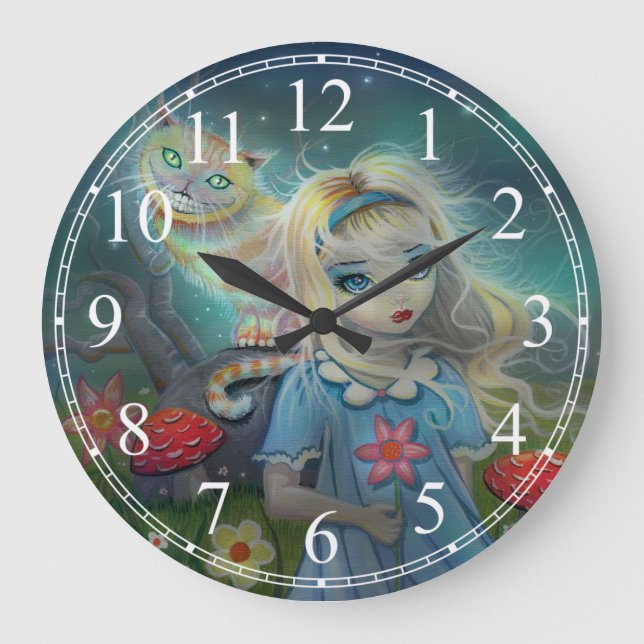 Alice im Wunderland und Cheshire-Katze Große Wanduhr (Vorderseite)