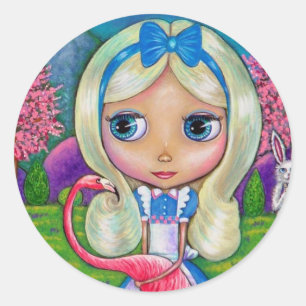 Alice im Wunderland und Flamingo-Aufkleber Runder Aufkleber