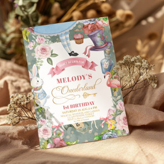 Alice im Wunderland Vintag 1. Geburtstag Einladung