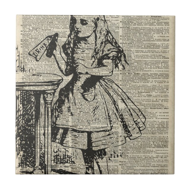 Alice im Wunderland-Vintage Schablone auf alter Fliese (Vorderseite)