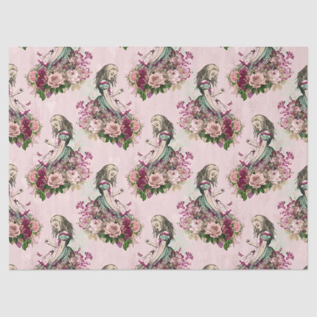 Alice im Wunderland Vintages Blumenrosa Dekoupage Seidenpapier (Vorderseite)