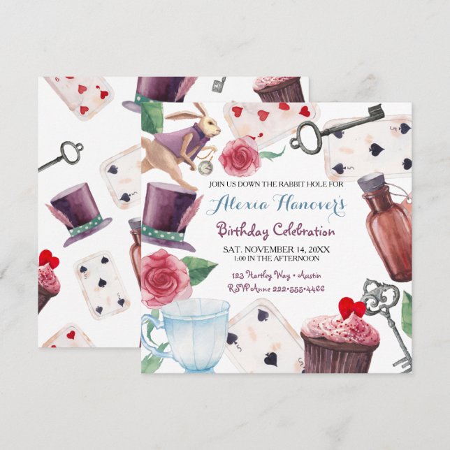 Alice im Wunderland Wasserfarbenes handgemaltes Ka Einladung (Vorne/Hinten)