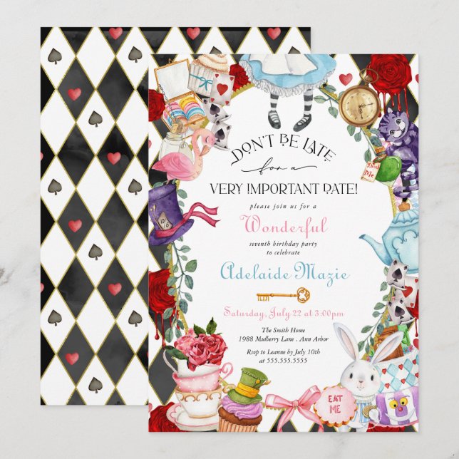 Alice im Wunderland Whimsical Children's Birthday Einladung (Vorne/Hinten)